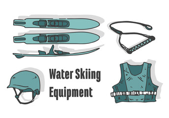 Water skiers on a flat background. Isolated objects. Maritime sports. Helmet, life jacket, skii boards and palomier.