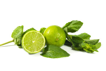 Fresh lime with mint leaves Isolated on a white background.