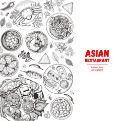 Asian cuisine sketch collection. Hand drawn vector illustration. Food menu design template, engraved elements. Asian Food set.
