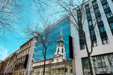 Church tower reflection