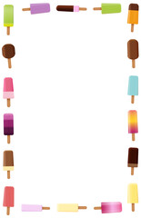 Ice lolly frame. Colorful fruity frozen popsicles sortiment. Vertical vector illustration on white background.
