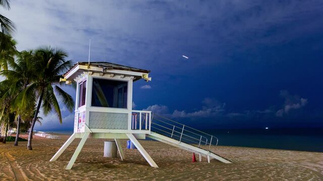 Fort Lauderdale Beach Lifeguard Tower At Night Time Lapse.