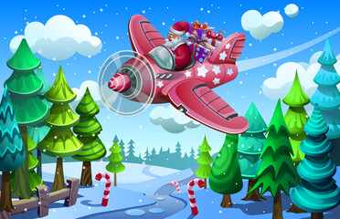 Aircrafts in the winter forest. Santa Claus is flying in an airplane with gifts.