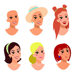 Cartoon beautiful girl, flat style. Avatar Young Woman Girl. Set of hairstyles for hair isolated. Face neck, eyes, lips. vector illustration.