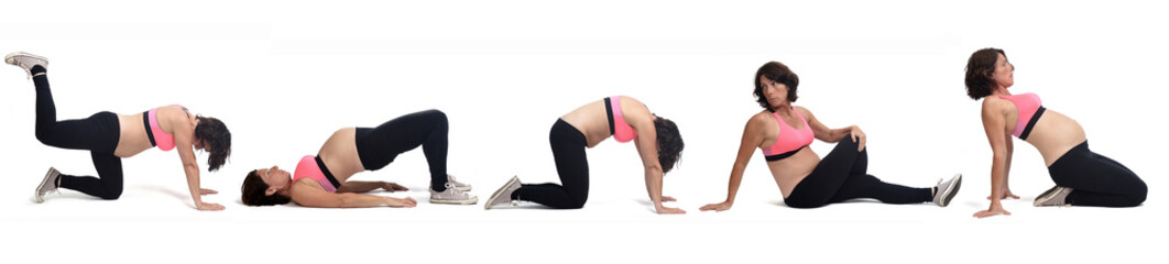Fototapeta na wymiar the same pregnant woman doing floor exercises on white background