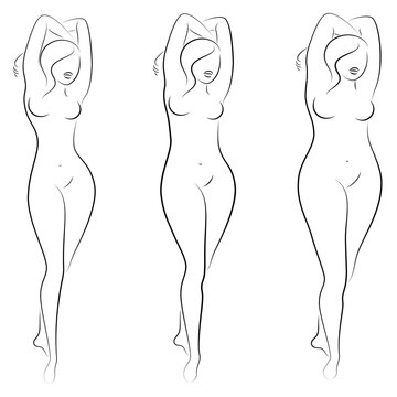 Collection. Silhouette of a beautiful woman figure. The girl is thin, slender and the woman is fat. The lady is standing. Set of vector illustrations