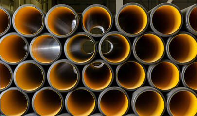 PVC pipes stacked in warehouse. Warehouse of finished plastic pipes industrial outdoors storage site.