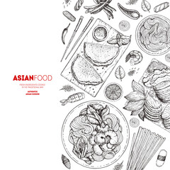 Asian cuisine sketch collection. Hand drawn vector illustration. Food menu design template, engraved elements. Asian Food set.