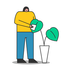 Woman taking care for houseplant. Cartoon female gardener or florist carring for plant