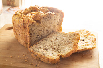 Multi-grain bread made in a home electric bread maker.
