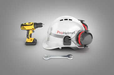 Illustration of construction and repair equipment Protective helmet and screwdriver with a wrench isolated on gray gradient background 3d render