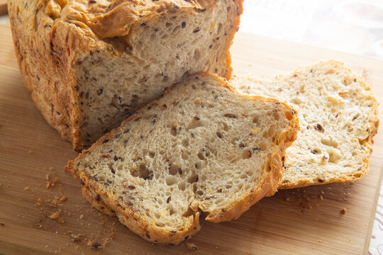 Multi-grain bread made in a home electric bread maker.