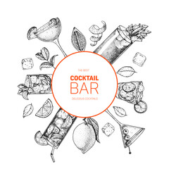 Cocktails hand drawn vector illustration. Alcoholic cocktails sketch set. Engraved style. Design template for bar.