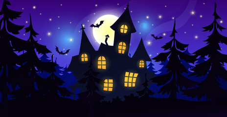Silhouette of a castle house in the night forest. Old mansion with light from the windows, against the backdrop of a large moon and starry sky. 
Horror scene.