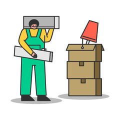 Porter man carrying boxes and furniture. Moving home, shipment and delivery concept