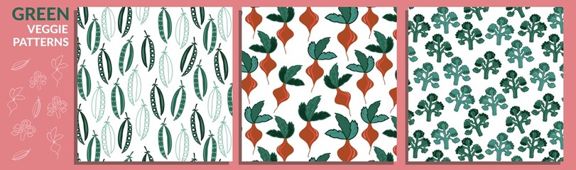 Set of food flat hand drawn seamless pattern. Vegetables, beets, peas, broccoli. Healthy nutrition texture. Organic food scandinavian vector illustrations. Diet sketch color cliparts. Kitchen textile