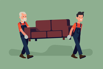 Two professional movers in overalls carrying sofa. Cool vector flat concept design on moving, relocating and large volume delivery and shipping