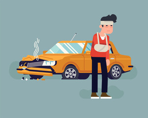 Injured in a car accident driver standing in front of his wrecked car. Driving safety flat vector concept illustration