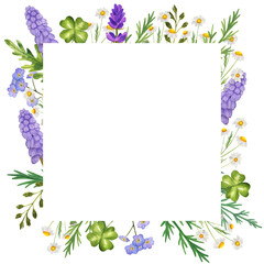 Square Watercolor frame with wildflowers, chamomile, grass. Isolate on white. For invitations, business cards, banners