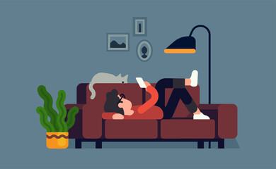Man relaxing on couch with his phone. Cool vector flat character design on chill out time with abstract male character lying on sofa at home with a cat sleeping next to him