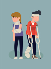 Cool vector character design on unhappy injured woman and man with plaster cast on leg, arm and neck, crutches, bondage on head. Injury, treatment and recovery concept illustration