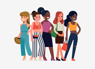Obraz premium Diverse group of women standing, isolated. Quality vector character design on diversity women with caucasian and african young adult ladies standing together smiling and laughing