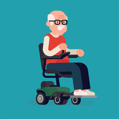 Personal mobility and barrier free environment concept vector illustration with cheerful old man riding a powerchair with joystick controller on armrest © Mascha Tace