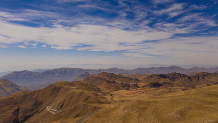 Aerial view of drones from Northern Argentina, mountains, valleys, routes and peaks.