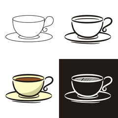 A collection of coffee cup in different styles: doodle, contour, chalk. Sets of Hand-drawn cup of coffee. Vector illustration for  cafe, restaurant, menu.