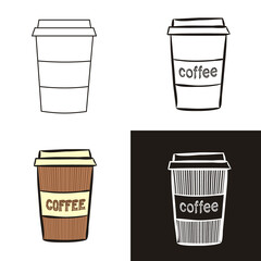A collection of coffee cup in different styles: doodle, contour, chalk. Sets of Hand-drawn coffee to go. Vector illustration for  cafe, restaurant, menu.