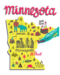 Illustrated map of Minnesota, USA. Travel and attractions. Souvenir print