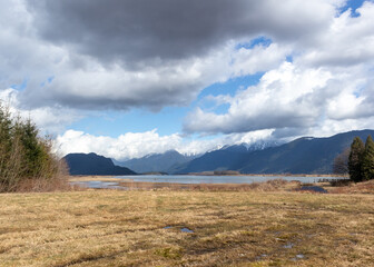 scenic marsh with mountains and sky
