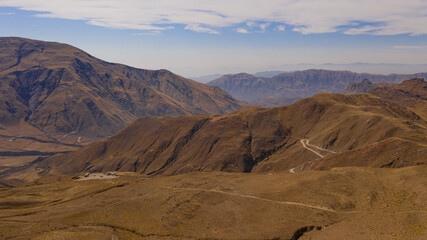 Aerial view of drones from Northern Argentina, mountains, valleys, routes and peaks.