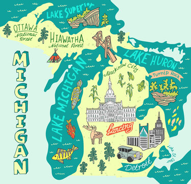 Illustrated map of Michigan, USA. Travel and attractions. Souvenir print