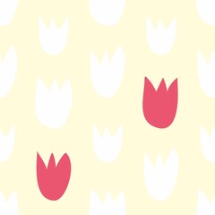 Seamless vector floral pattern with hand drawn red and white tulips on fresh sunny yellow background. Beautiful abstract vintage texture with pink flowers and cute kids background