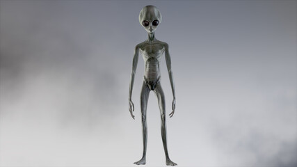 Scary gray alien walks and looks blinking on a dark smoky background. UFO futuristic concept. 3D rendering.