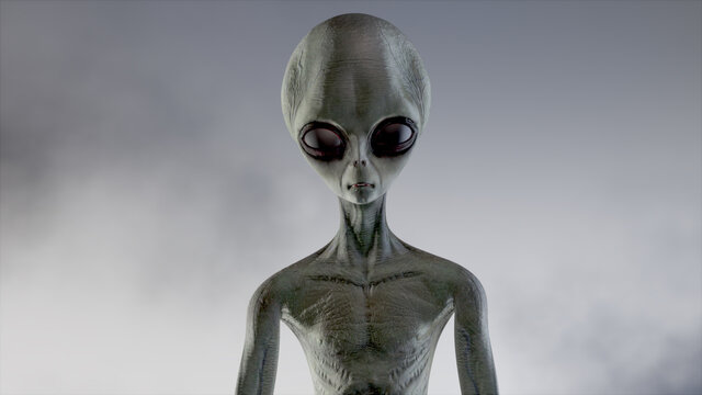 Scary gray alien walks and looks blinking on a dark smoky background. UFO futuristic concept. 3D rendering.