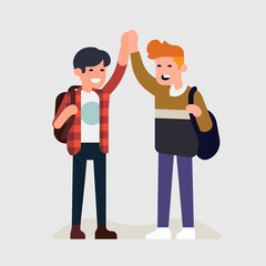 Obraz na płótnie Canvas Two male students doing high five. Cool vector flat style character design on casually clothed cheerful young men congratulate or greet each other, isolated