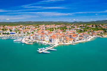 Fototapeta na wymiar Croatia, Adriatic coastline, coastal town of Pirovac, waterfront view from drone 