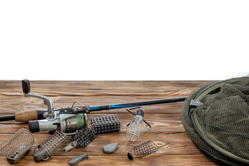 Fishing tackle and accessories isolated on white background. Selective Focus. Text for example, and can be easily removed