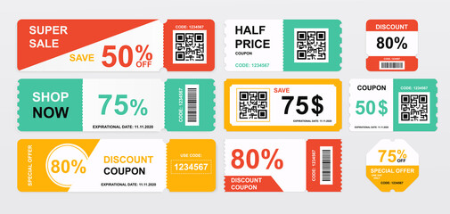 Collection of coupons offering price reductions and savings with differing amounts, colored vector illustration
