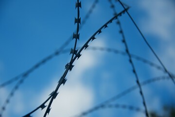 Barbed wire against a clear sky. Image of restriction of freedom.