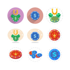 Casino chip flat icon set with long shadow, lucky casino chip with clover leaf, and horse shoe