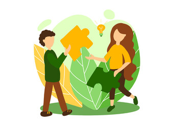 people connecting puzzle elements. Symbol of teamwork, cooperation, partnership concept