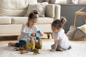 Two cute little girls sisters playing with toys, colorful wooden blocks, building tower, sitting on...