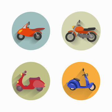 motorcycle flat icon set with long shadow. Sportbike, scooter