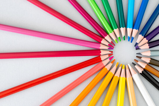 a set of a colourful pencil on a table in a circle  