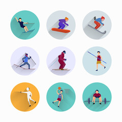 sports man, with basketball player, pole vault, ski man, water skiing flat icon set with long shadow