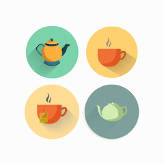 tea kettle, tea pack flat icon set with long shadow