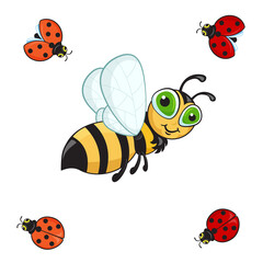Obraz premium Vector illustration of the bee and ladybugs. No background. 